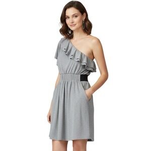 SUGERLIPS Heather Gray RUFFLE ONE-SHOULDER Gathered Waist BLOUSON MINI DRESS S